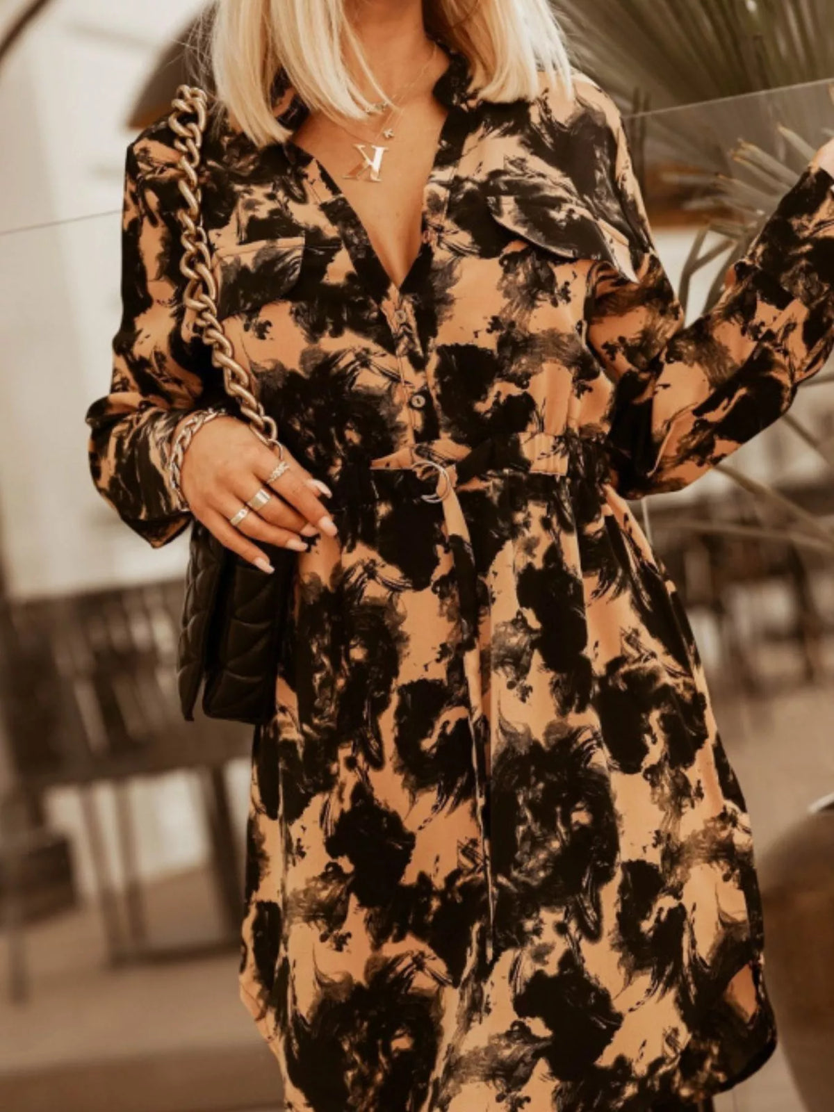 Hazel Blues® | Printed Button Front Long Sleeve Dress