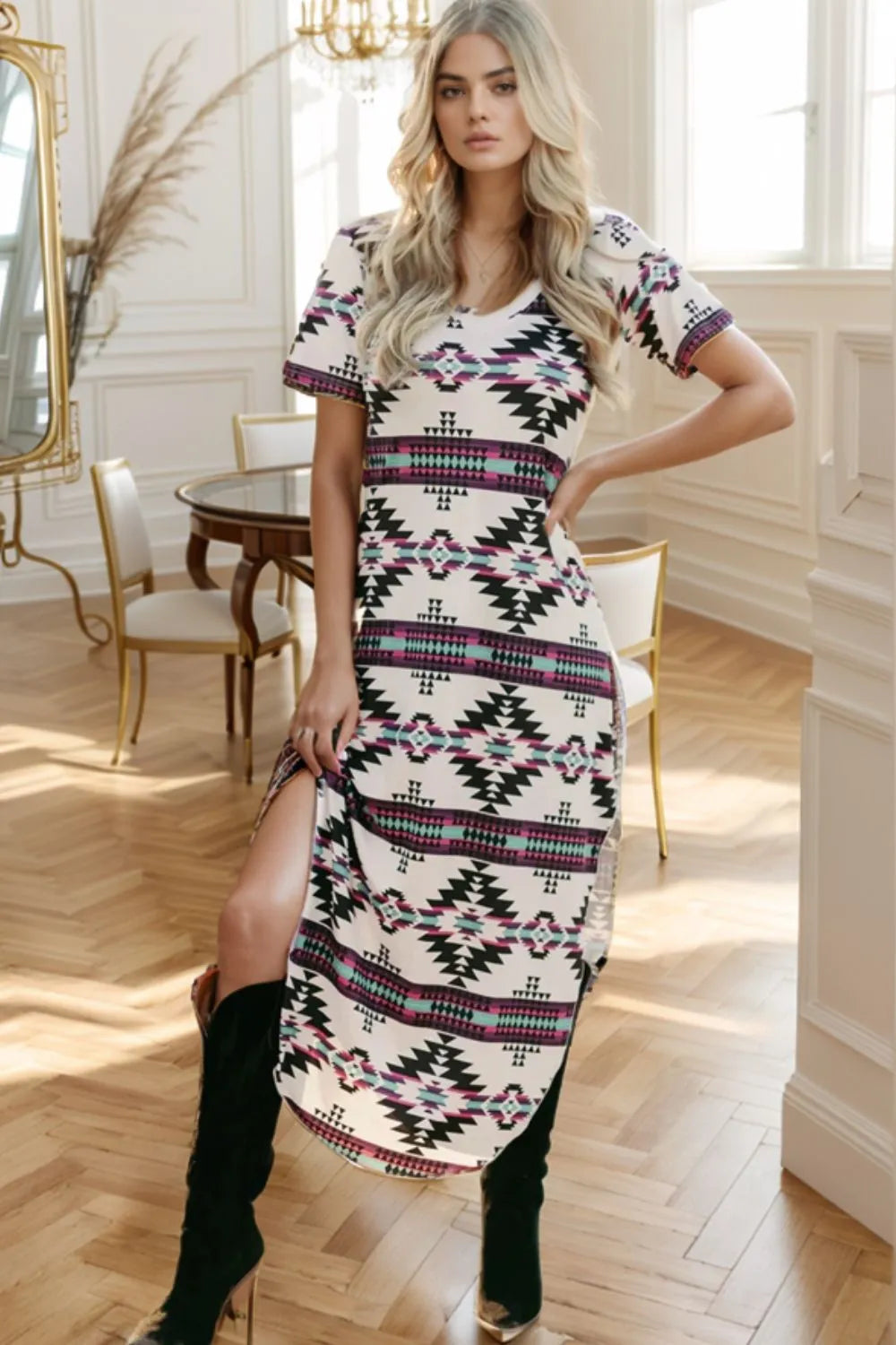 Hazel Blues® | Aztec Print V-Neck Midi Dress