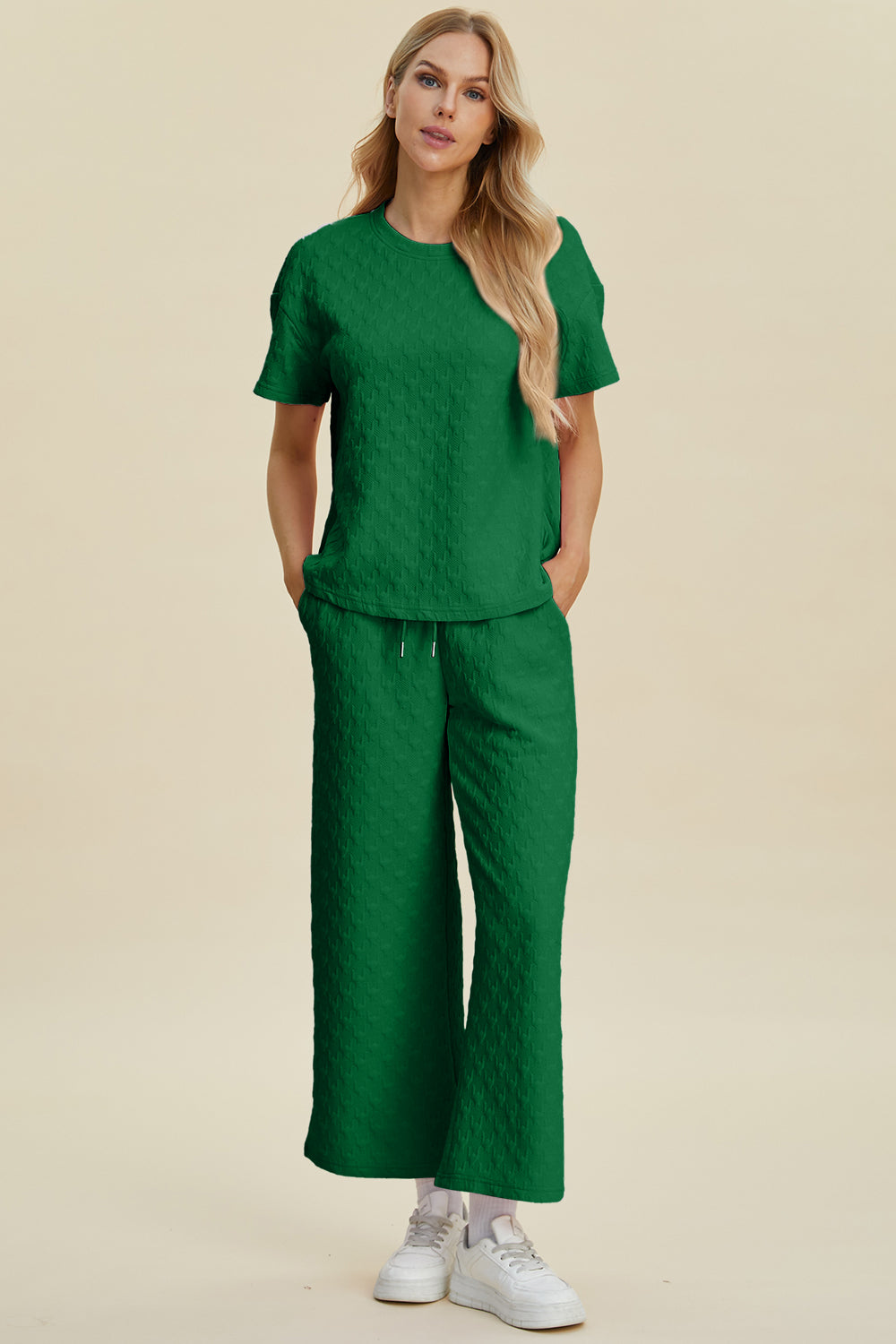 Hazel Blues® | Double Take Texture Round Neck Short Sleeve Top and Pants Set