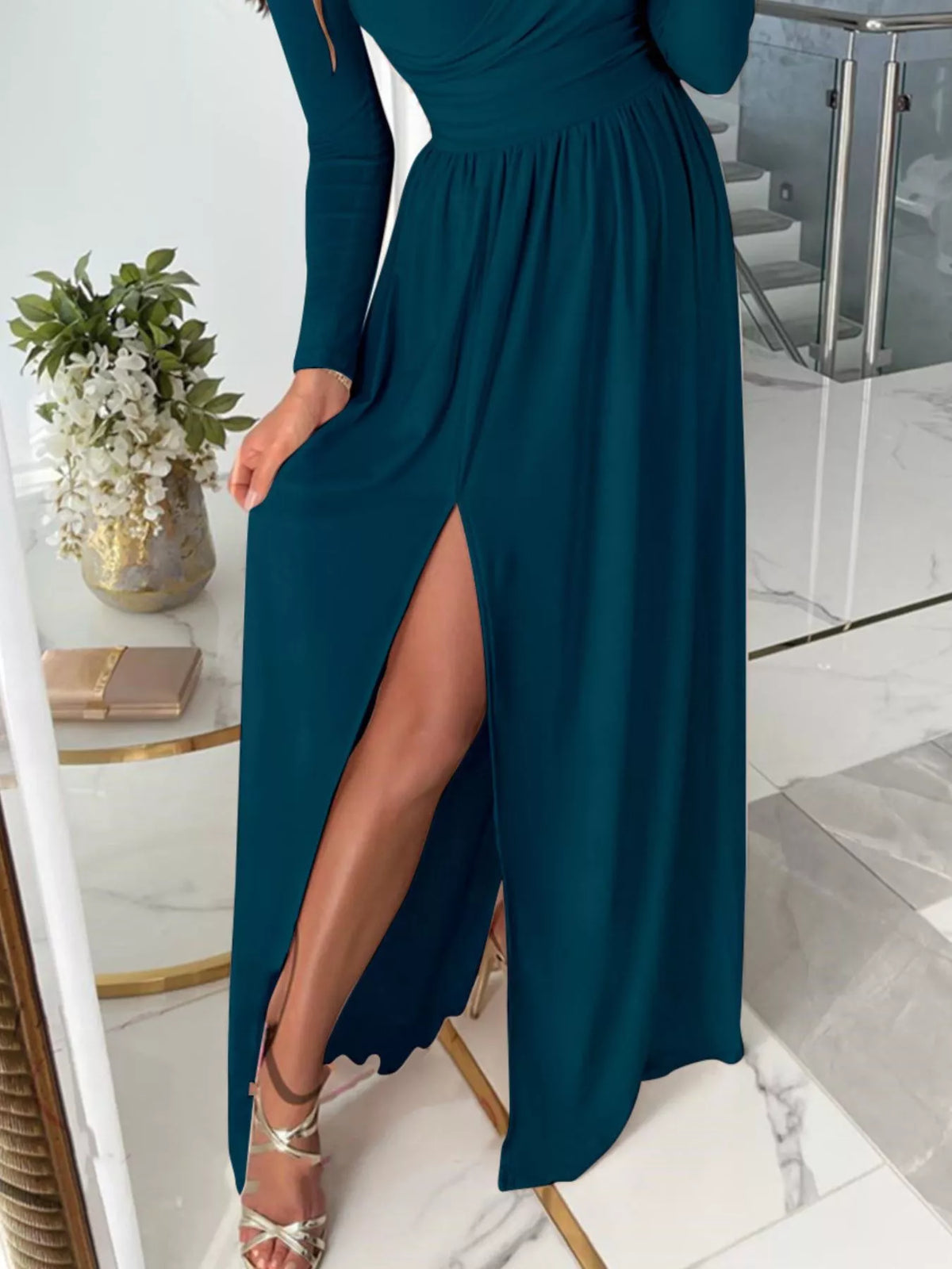 Hazel Blues® | Slit Surplice Cold Shoulder Maxi Dress