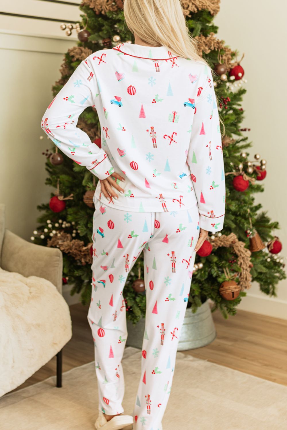 Hazel Blues® | Christmas Printed Collared Neck Top and Pants Lounge Set