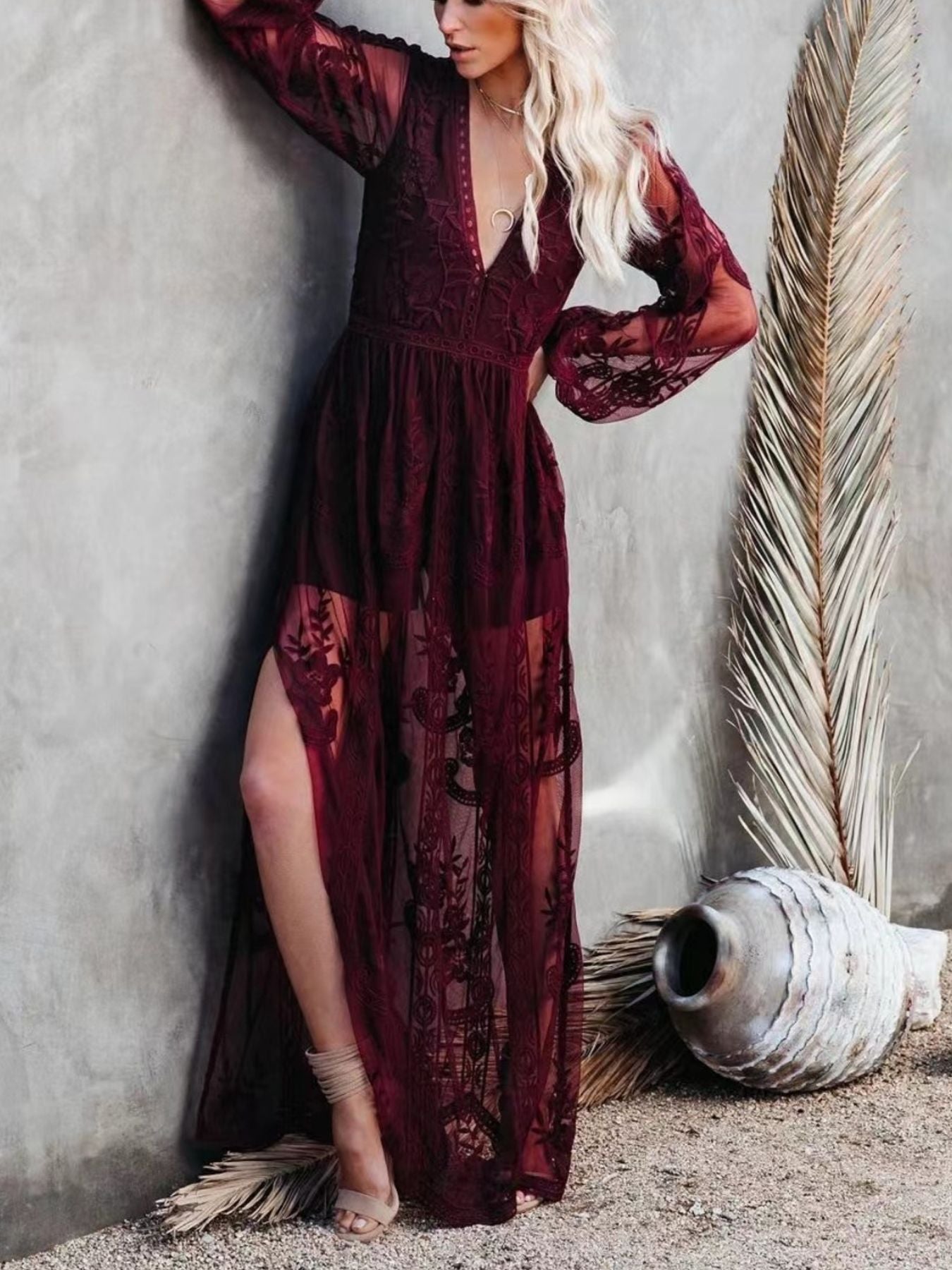 Hazel Blues® | Floral Lace Slit Maxi Dress