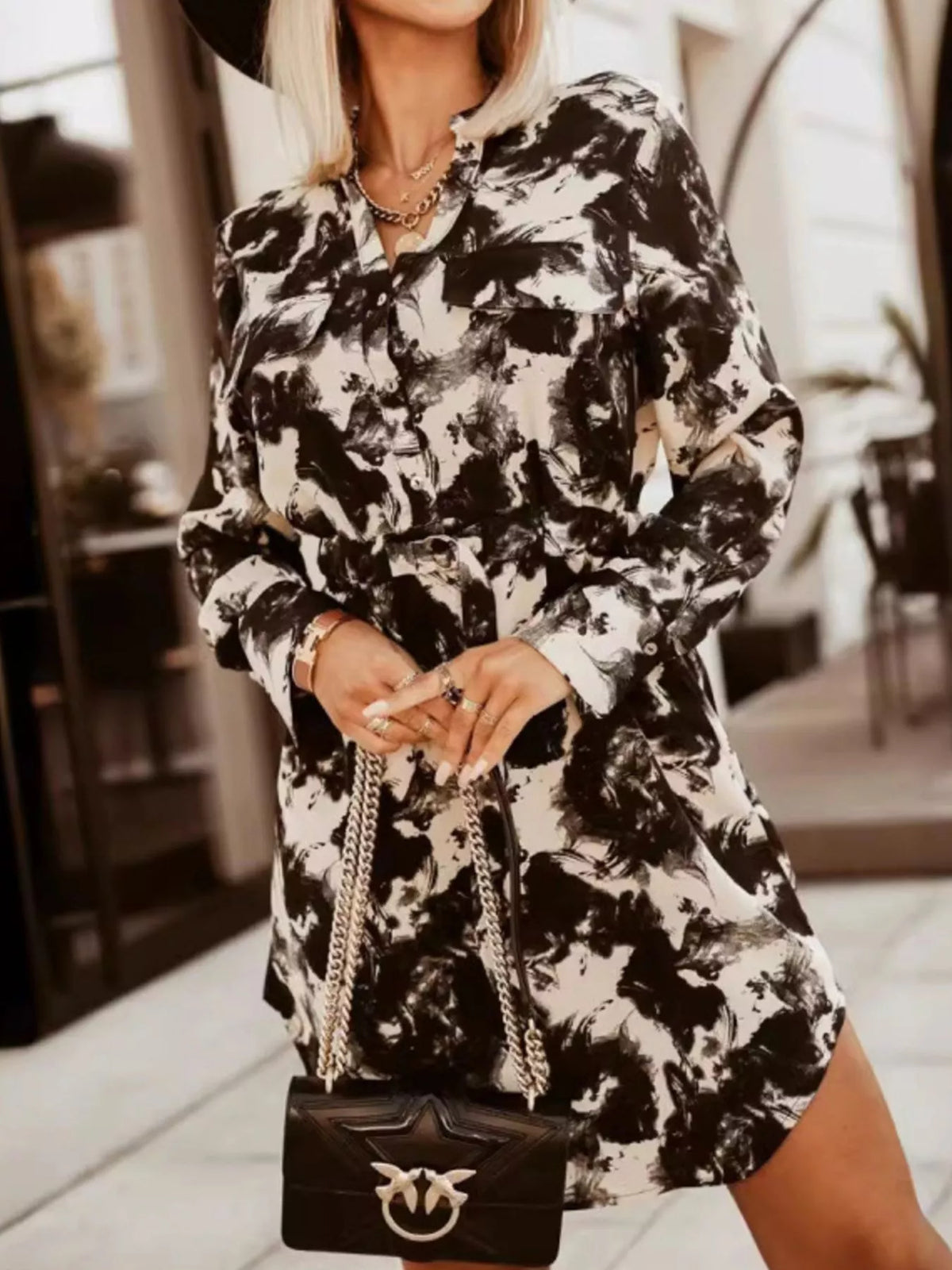 Hazel Blues® | Printed Button Front Long Sleeve Dress