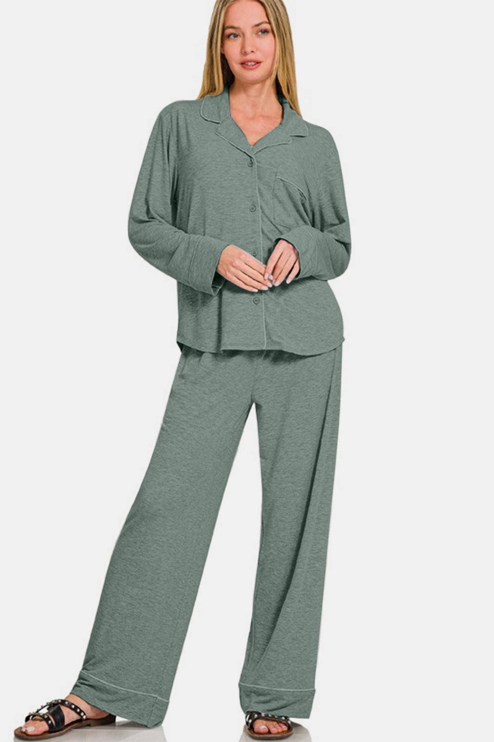 Hazel Blues® | Zenana Button Down Long Sleeve Top and Pants Lounge Set
