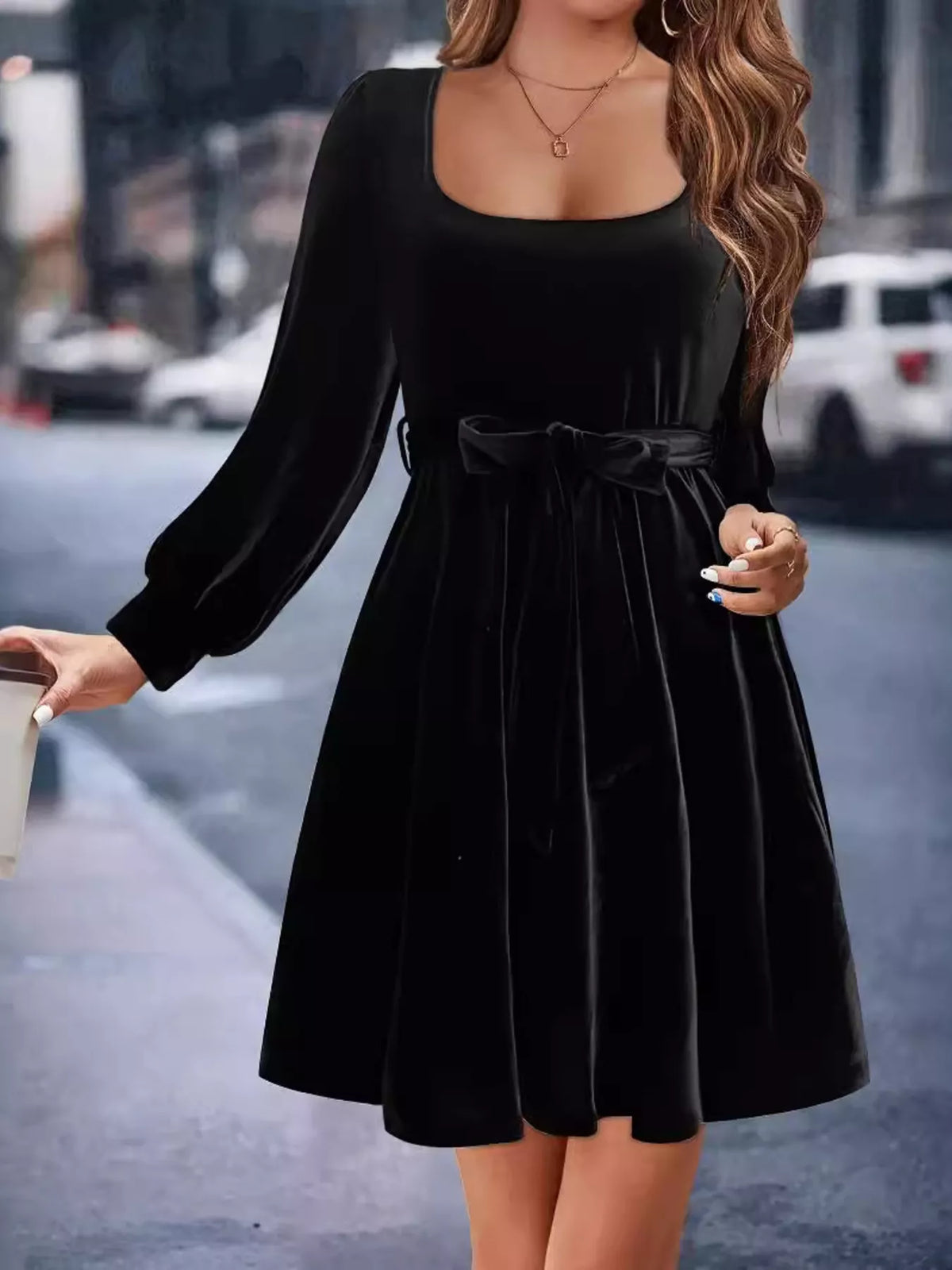 Hazel Blues® | Velvet Long Sleeve A-Line Dress