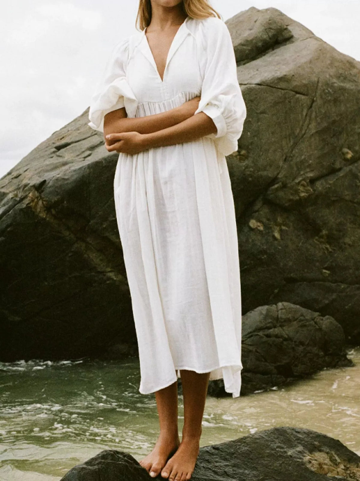 Hazel Blues® | Tie Neck 3/4 Sleeve Midi Dress