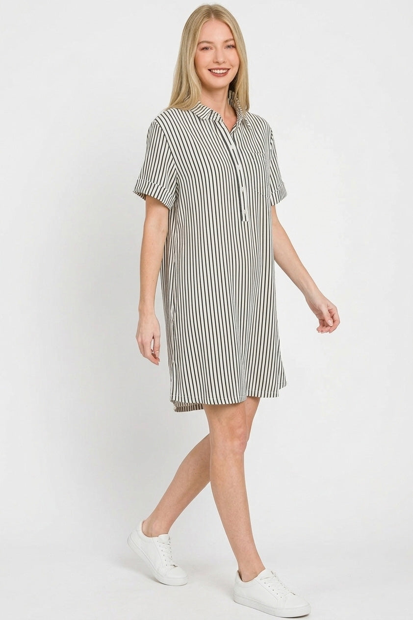 Hazel Blues® | Zenana Stripe Collared Half Button Up T-Shirts Dress