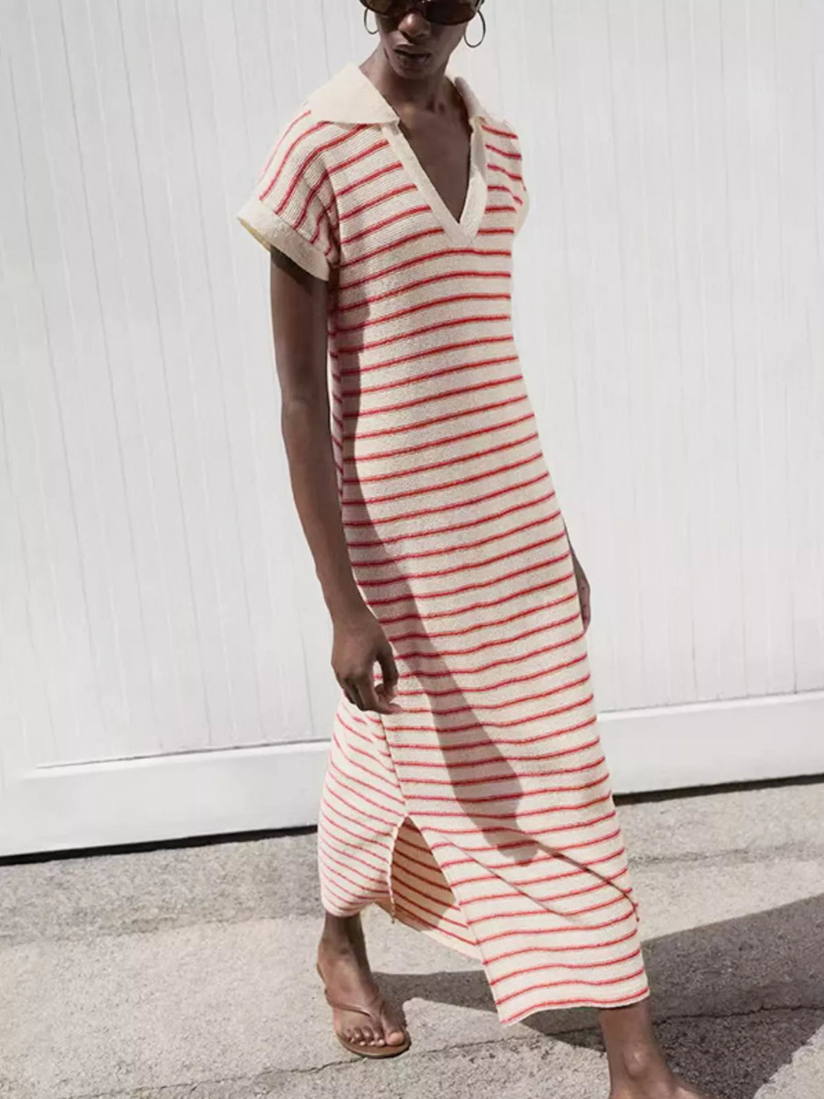 Hazel Blues® | Striped Slit Short Sleeve Maxi Dress