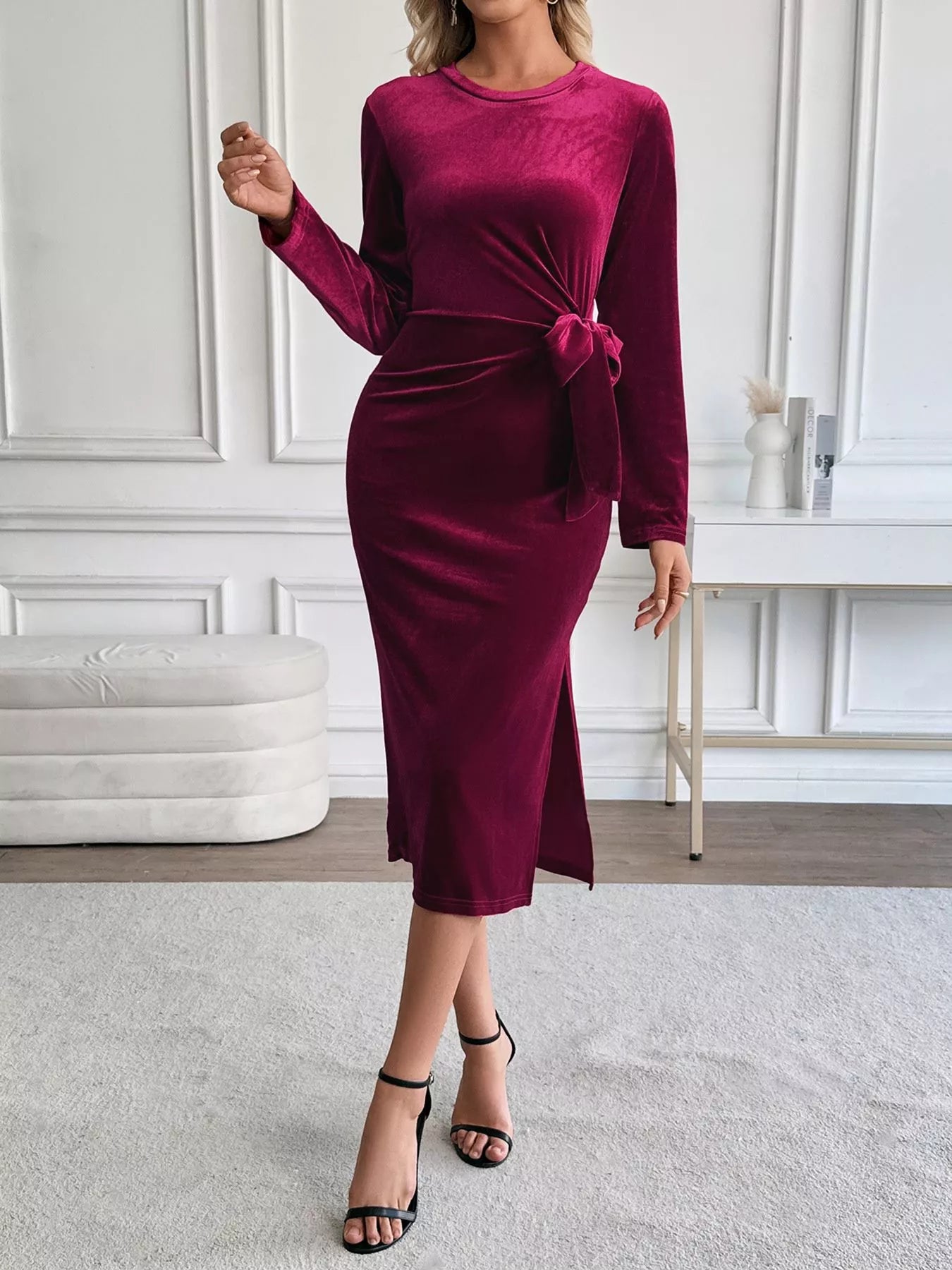 Hazel Blues® | Velvet Slit Round Neck Long Sleeve Dress with Side Tie Detail