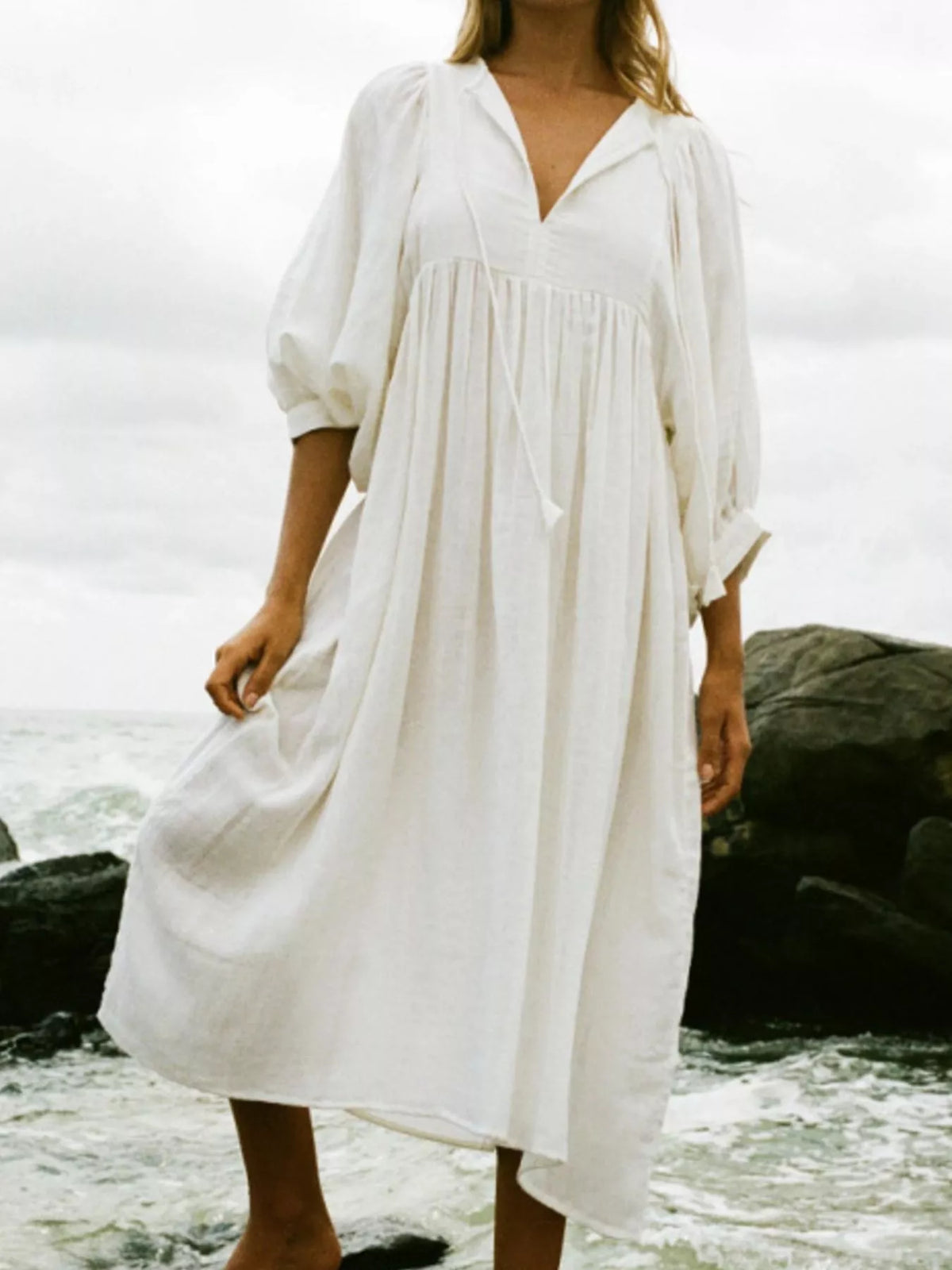Hazel Blues® | Tie Neck 3/4 Sleeve Midi Dress