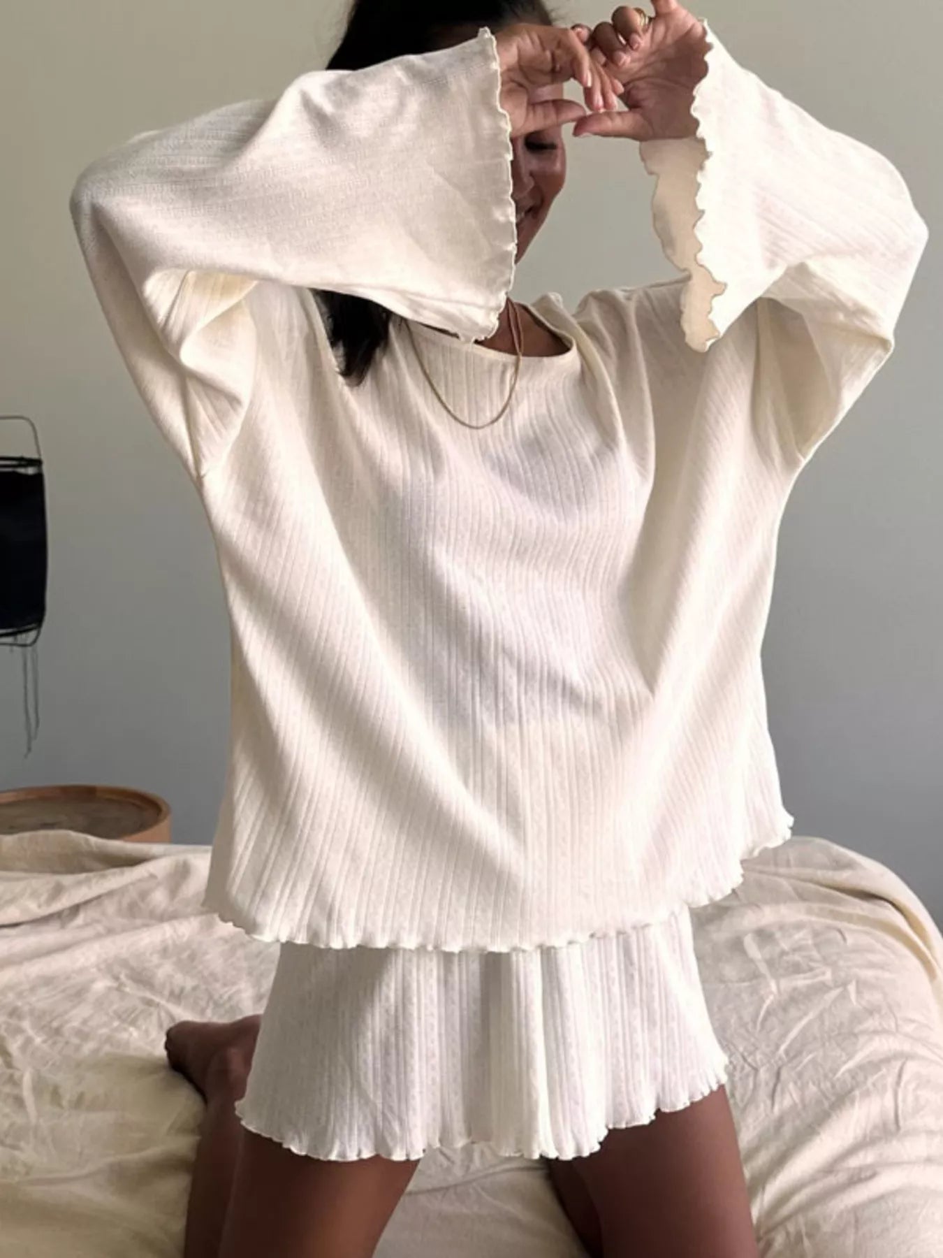 Hazel Blues® | Ribbed Knit Long Sleeve Top and Shorts Lounge Set