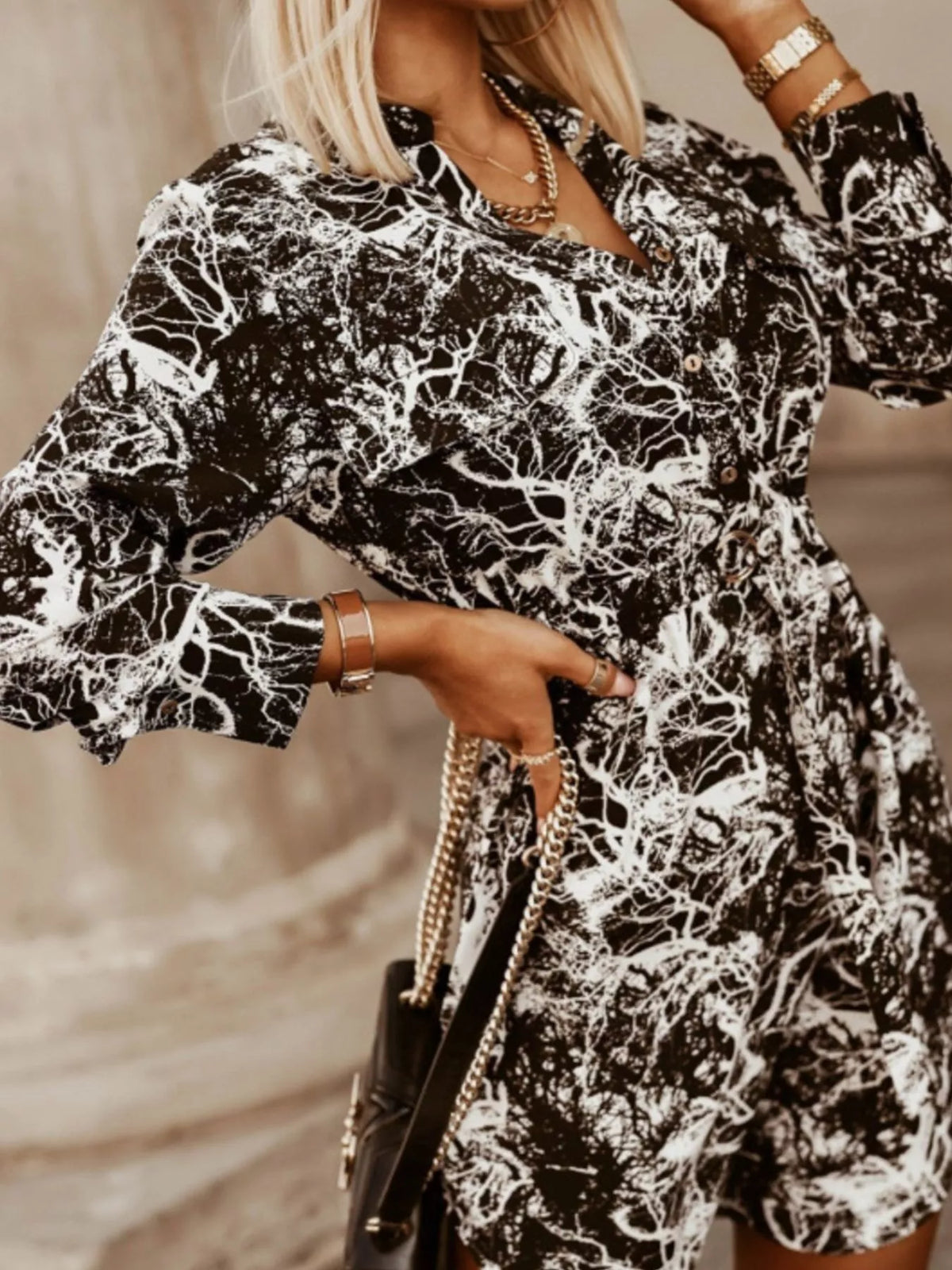 Hazel Blues® | Printed Button Front Long Sleeve Dress