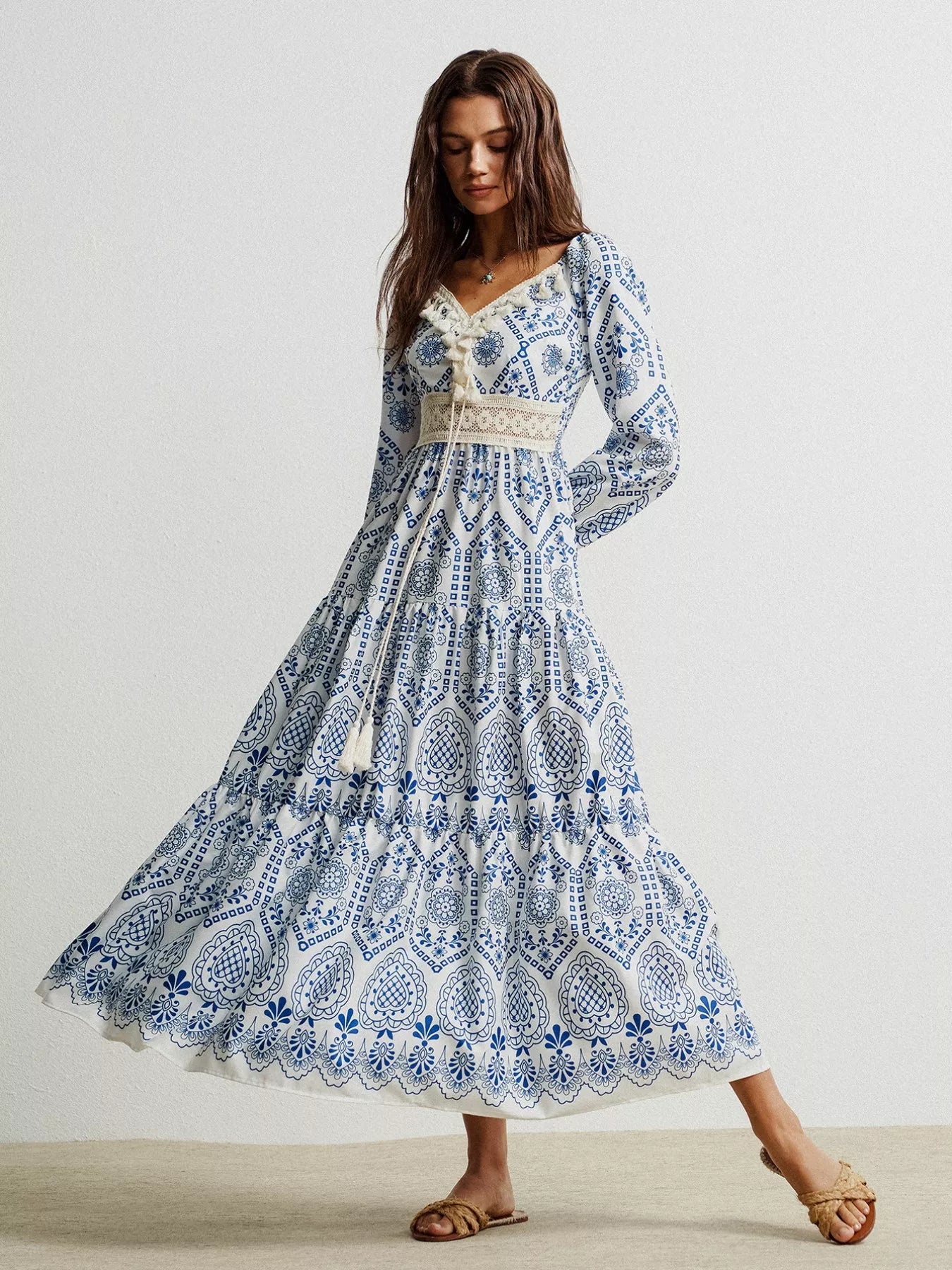 Hazel Blues® | Bohemian Print Midi Dress with Tassel Detail