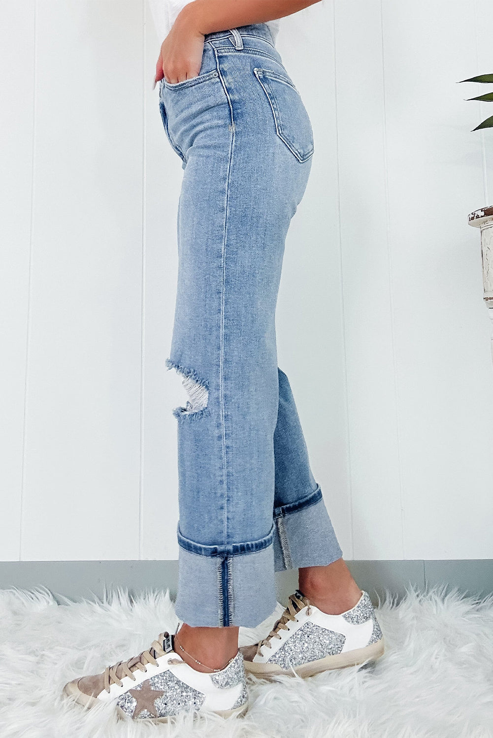 Hazel Blues® | Distressed Straight Jeans with Pockets