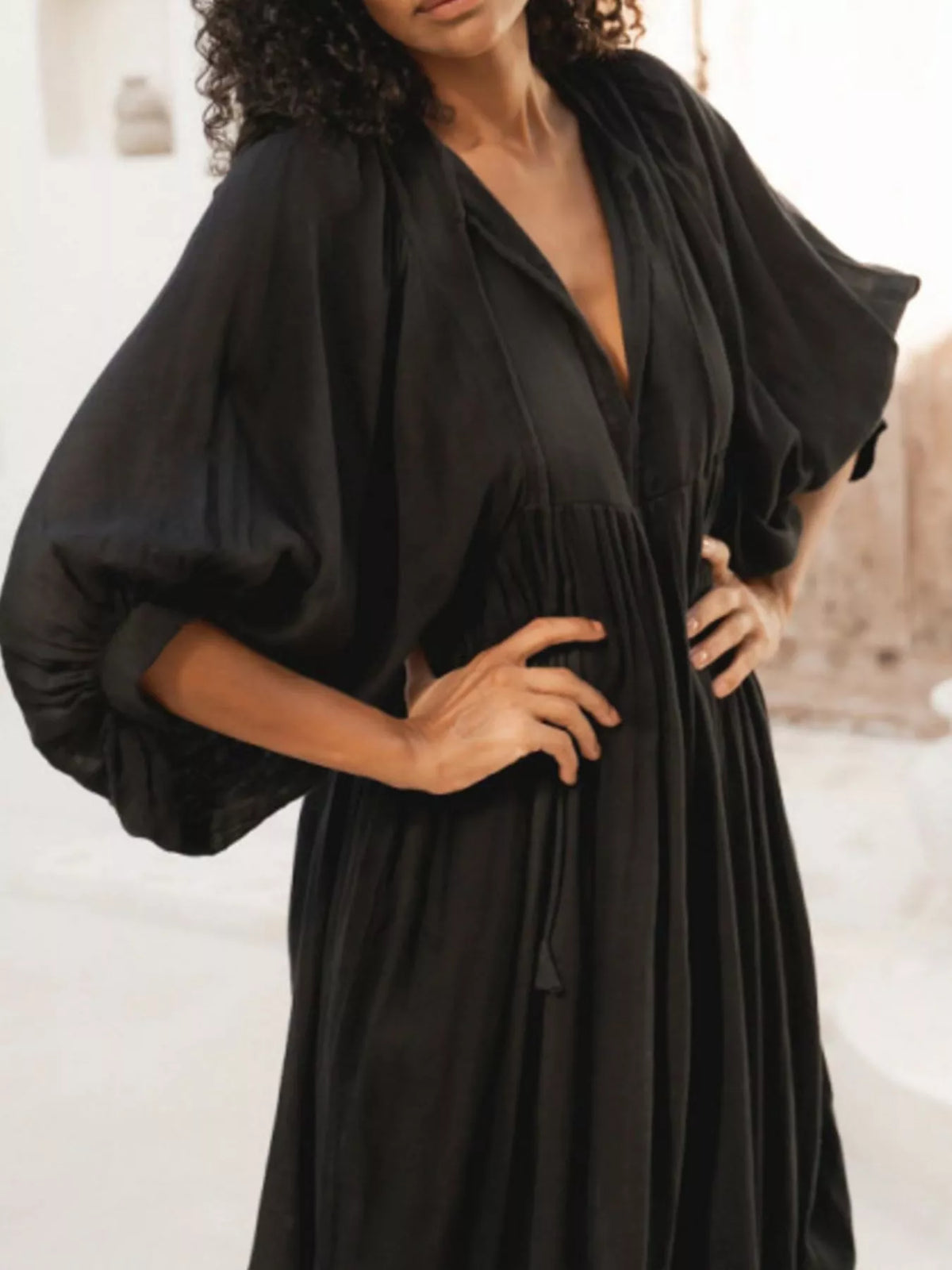 Hazel Blues® | Tie Neck 3/4 Sleeve Midi Dress