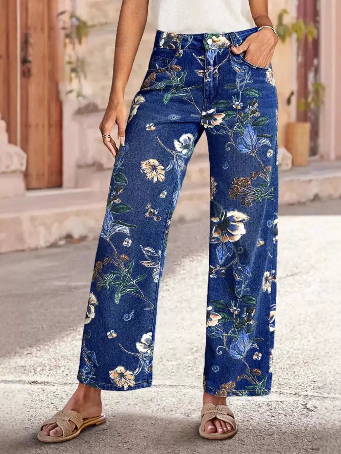 Hazel Blues® | Floral Print Wide Leg Jeans