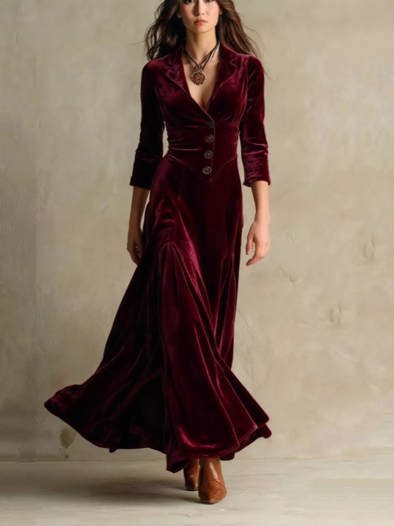 Hazel Blues® | Velvet Button Front 3/4 Sleeve Maxi Dress