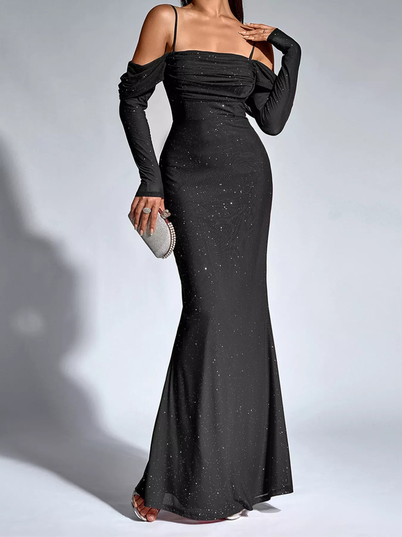 Hazel Blues® | Glitter Ruched Long Sleeve Mermaid Maxi Dress