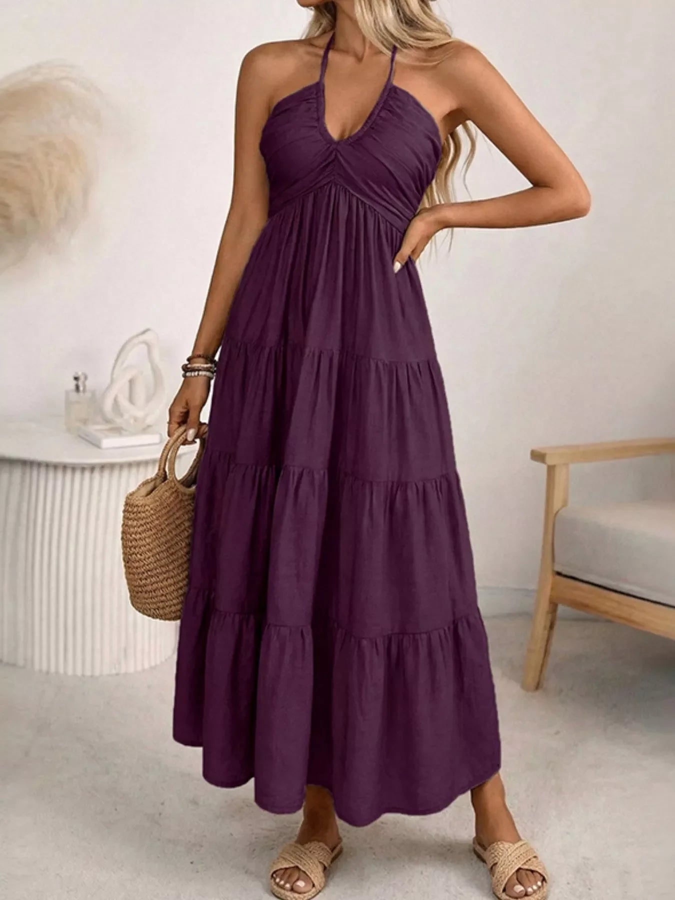 Hazel Blues® | Halter Neck Tiered Midi Dress