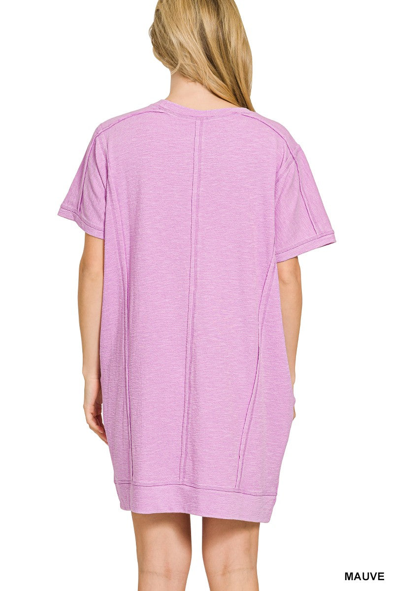 Hazel Blues® | Zenana Washed Slub Short Sleeve Dress With Pockets