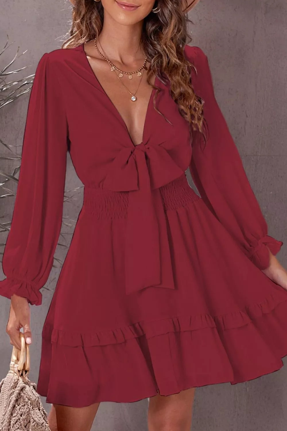 Hazel Blues® | Elegant Tie-Front Ruffle Mini Dress with Smocked Wiast
