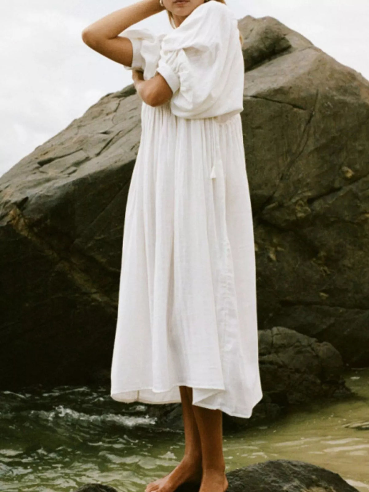 Hazel Blues® | Tie Neck 3/4 Sleeve Midi Dress