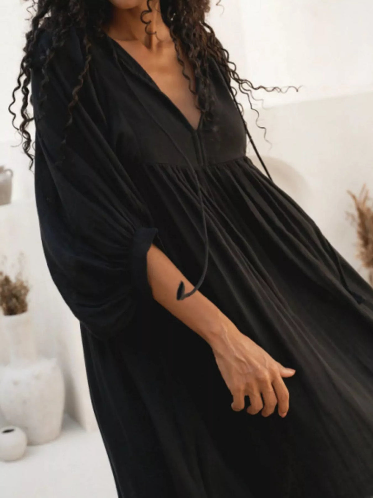 Hazel Blues® | Tie Neck 3/4 Sleeve Midi Dress