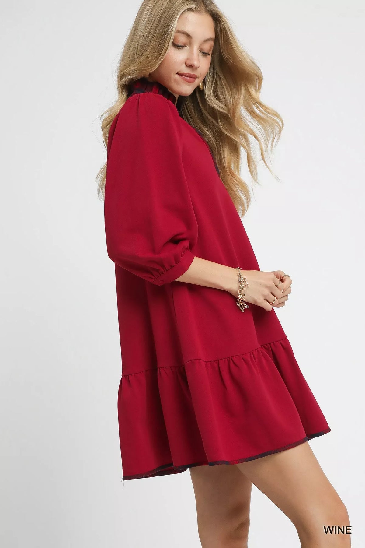 Hazel Blues® | Umgee French Terry Ruffle Hem Dress with Plaid Trim