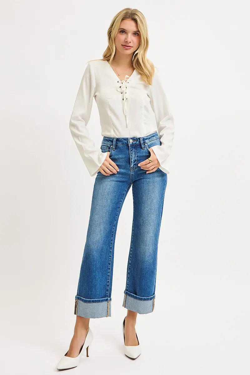 Hazel Blues® | RISEN Mid Rise Crop Straight Cuffed Jeans