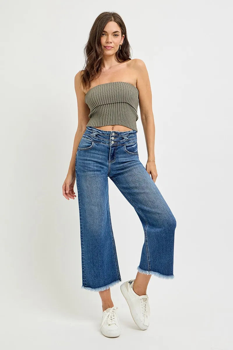 Hazel Blues® | RISEN High Rise Crop Wide Leg Jeans with Wide Band Detail