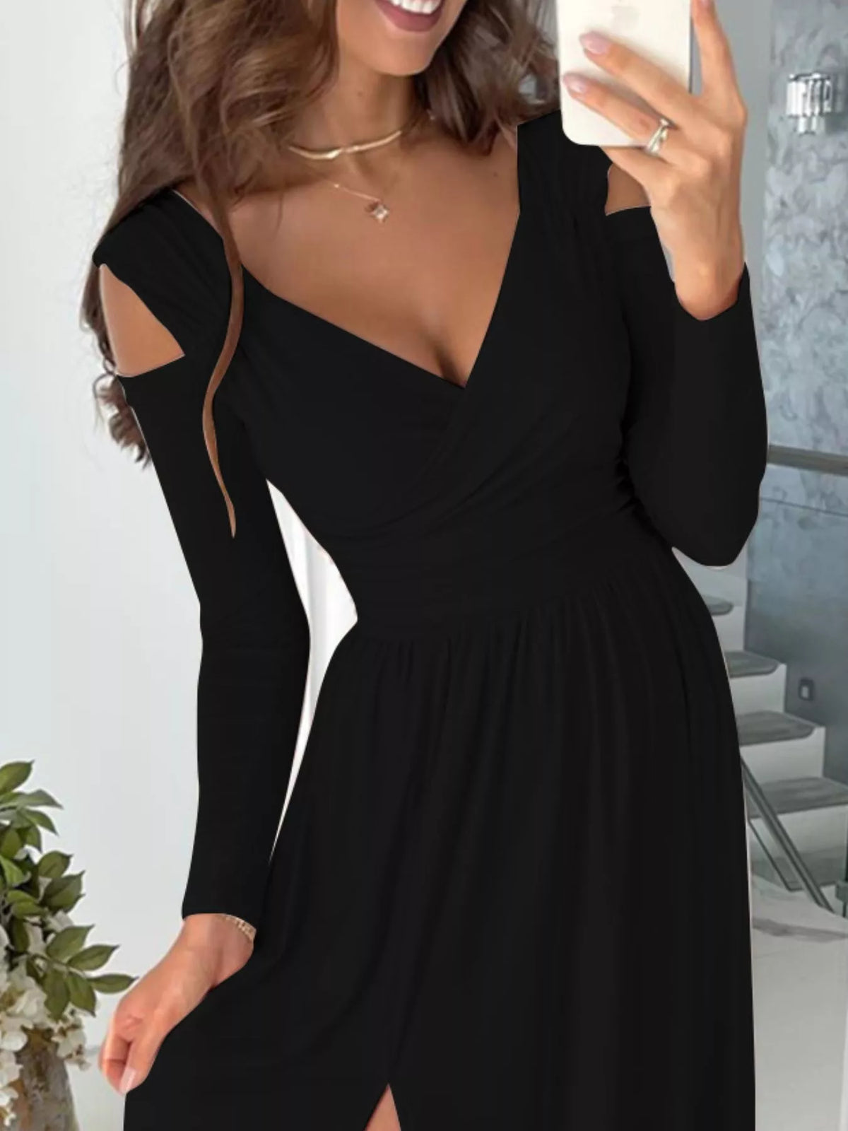 Hazel Blues® | Slit Surplice Cold Shoulder Maxi Dress