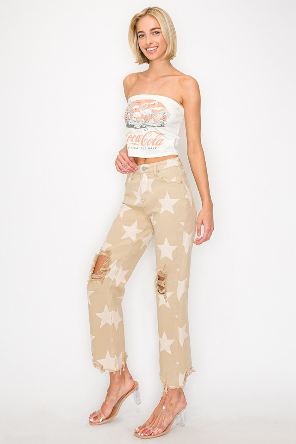 Hazel Blues® | RISEN High Rise Star Printed Frayed Hem Jeans