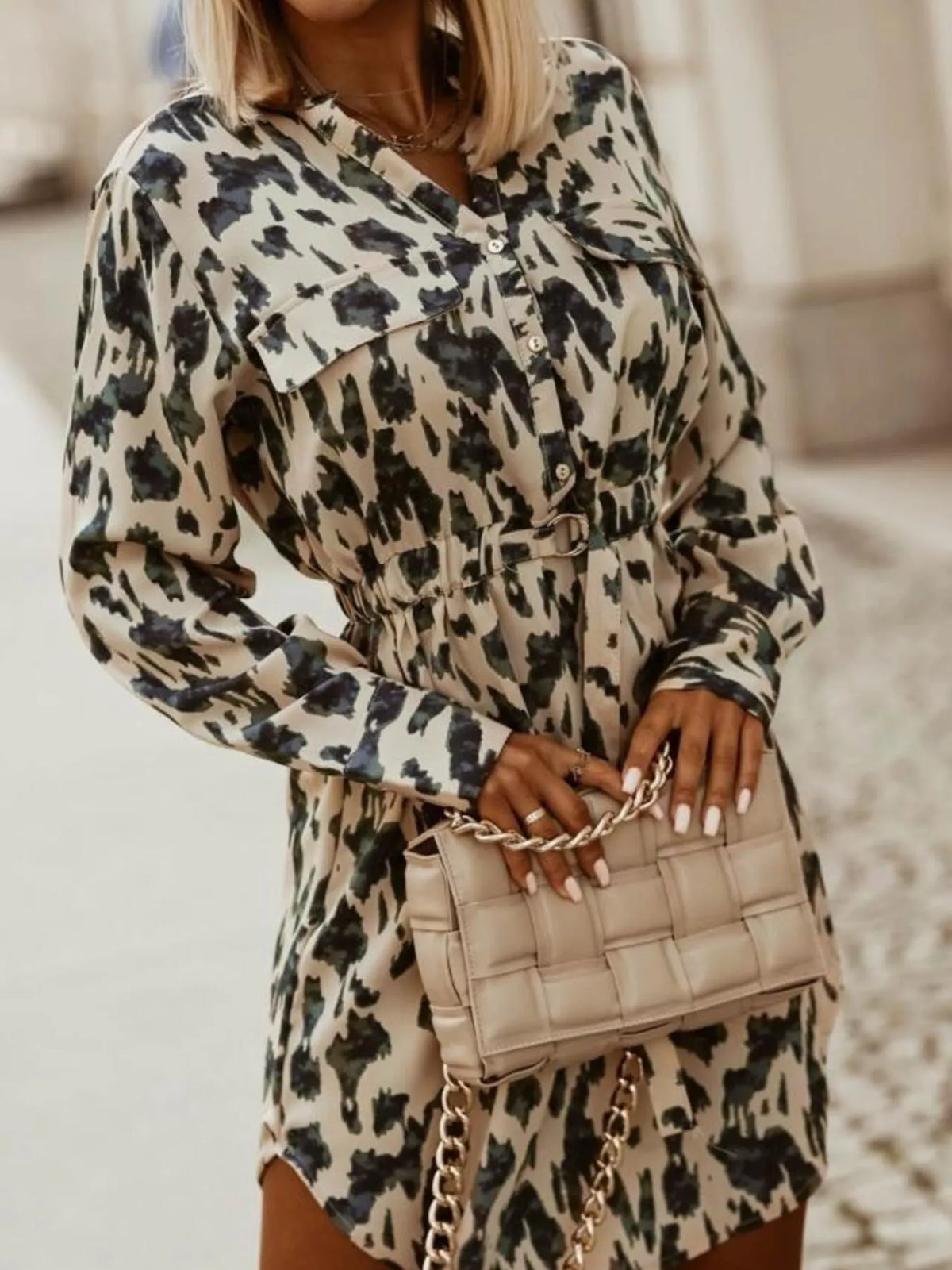 Hazel Blues® | Printed Button Front Long Sleeve Dress