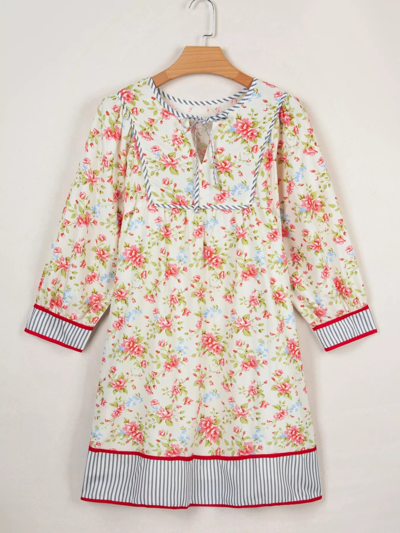 Hazel Blues® | Striped Edge 3/4 Puff Sleeve Floral Dress