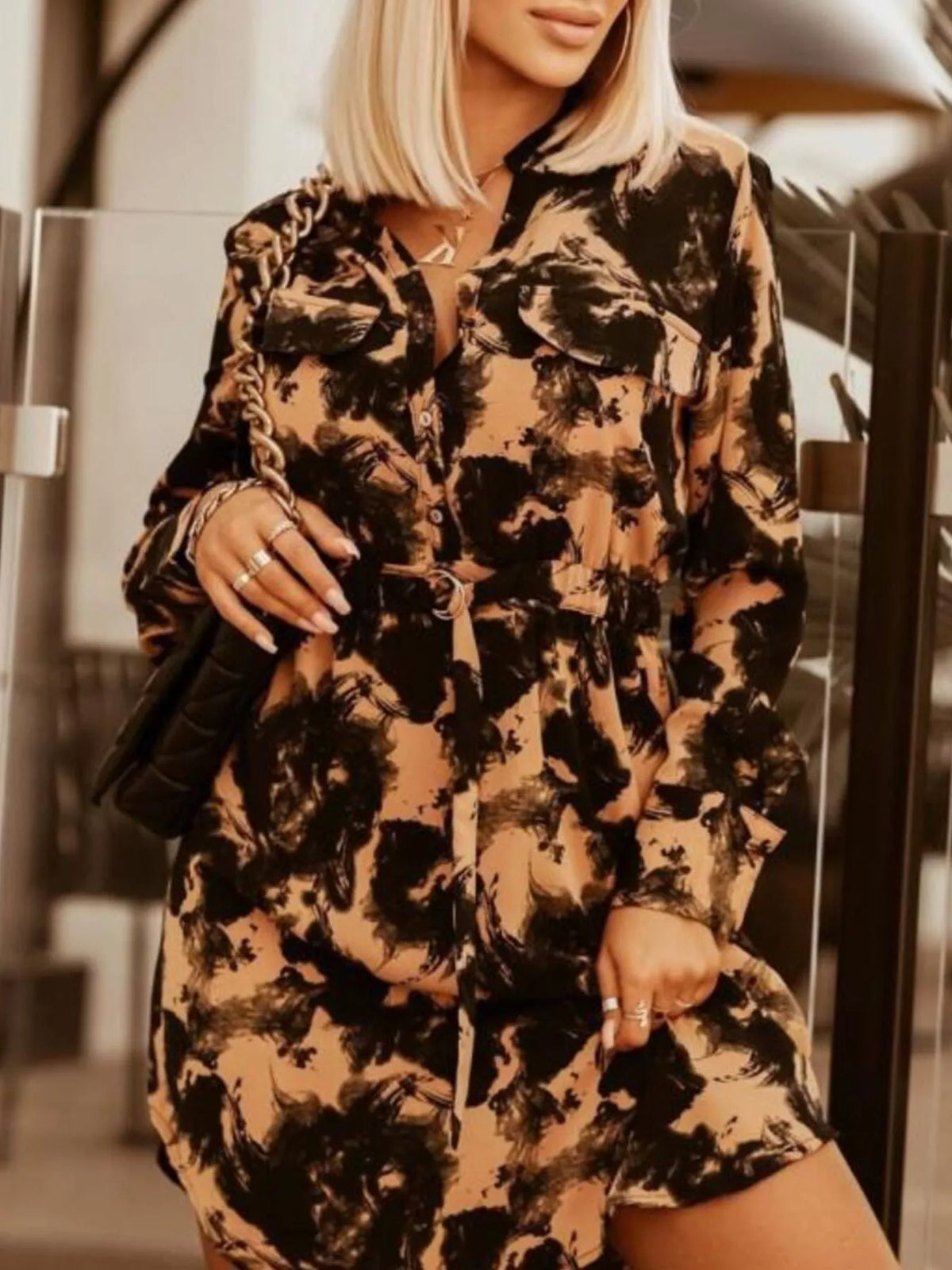 Hazel Blues® | Printed Button Front Long Sleeve Dress