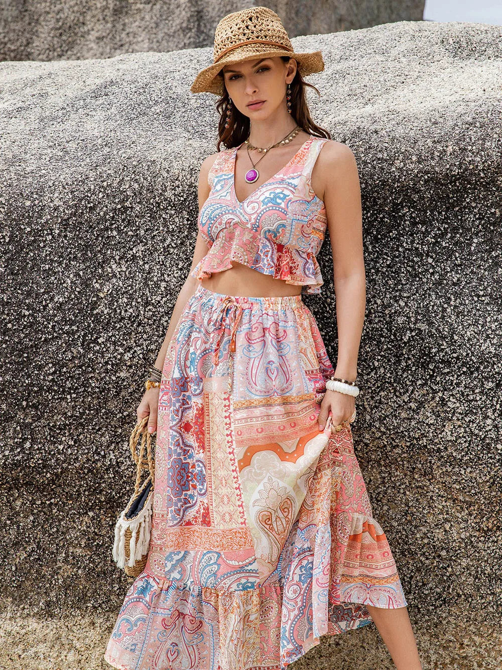 Hazel Blues® | Printed V-Neck Top and Midi Skirt Set