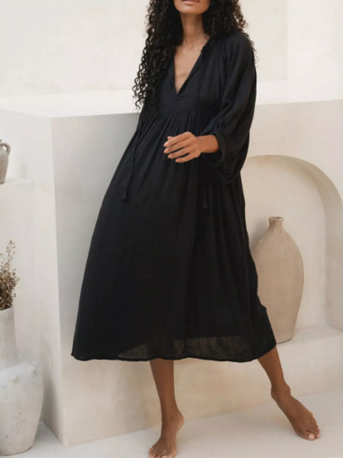 Hazel Blues® | Tie Neck 3/4 Sleeve Midi Dress