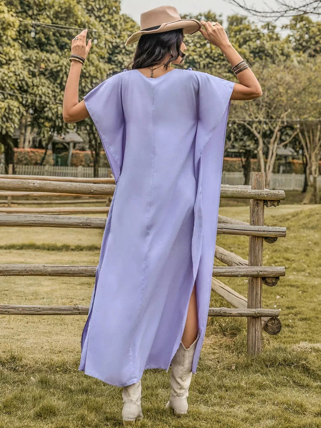 Hazel Blues® | Side Slit Tie Neck Flutter Sleeve Dress