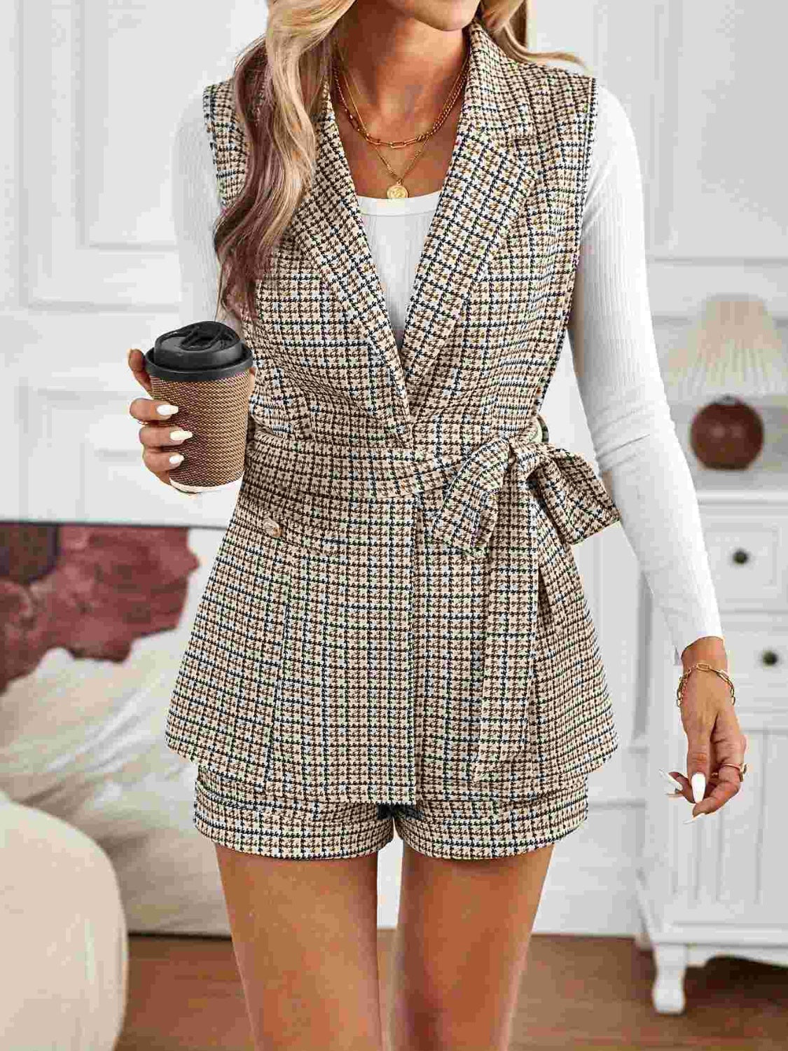Hazel Blues® | Tied Plaid Collared Neck Vest and Shorts Set