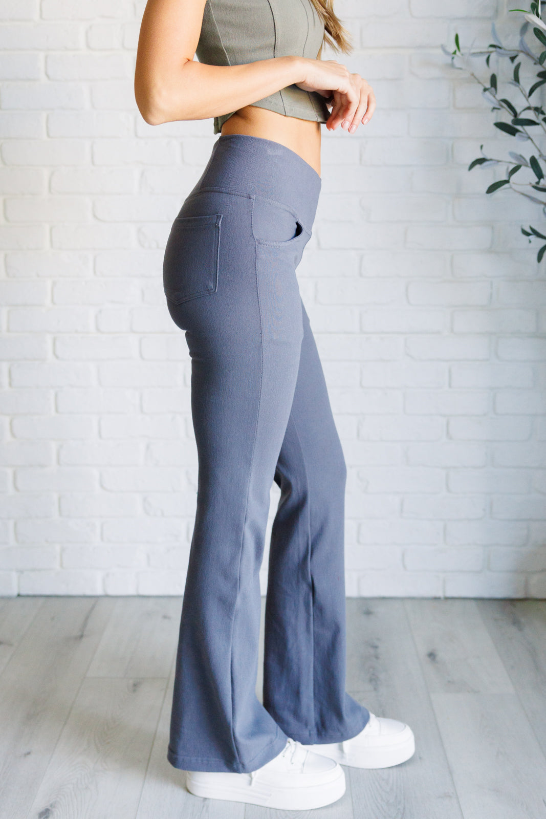 Hazel Blues® | Building Habits Twill Flared Crossover Waist Pant in Titanium