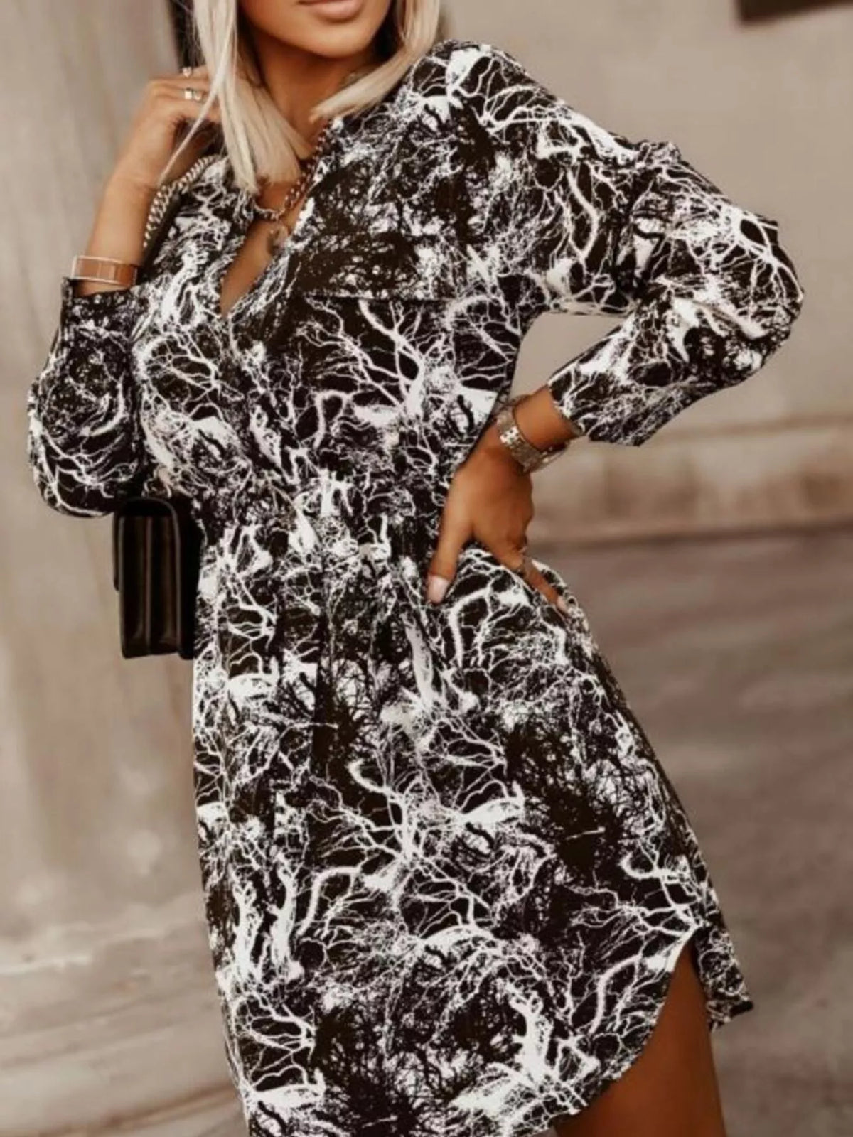 Hazel Blues® | Printed Button Front Long Sleeve Dress