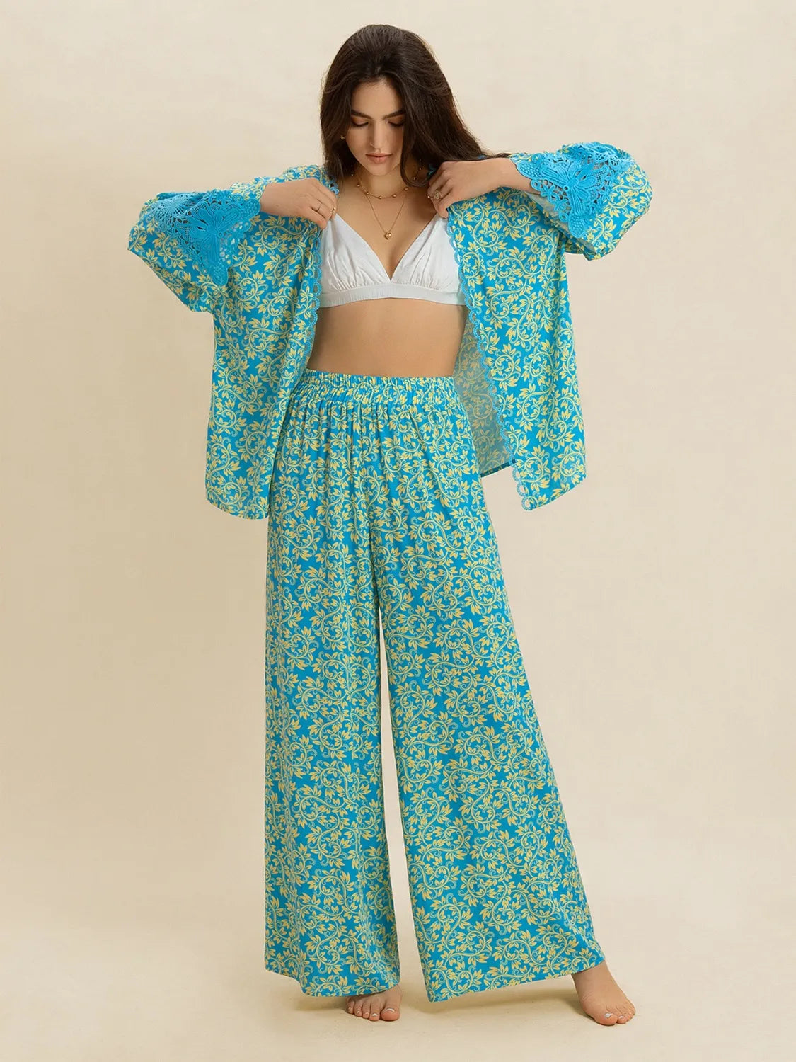Hazel Blues® | Boho Open Front Kimono Top & Wide Leg Pants Set