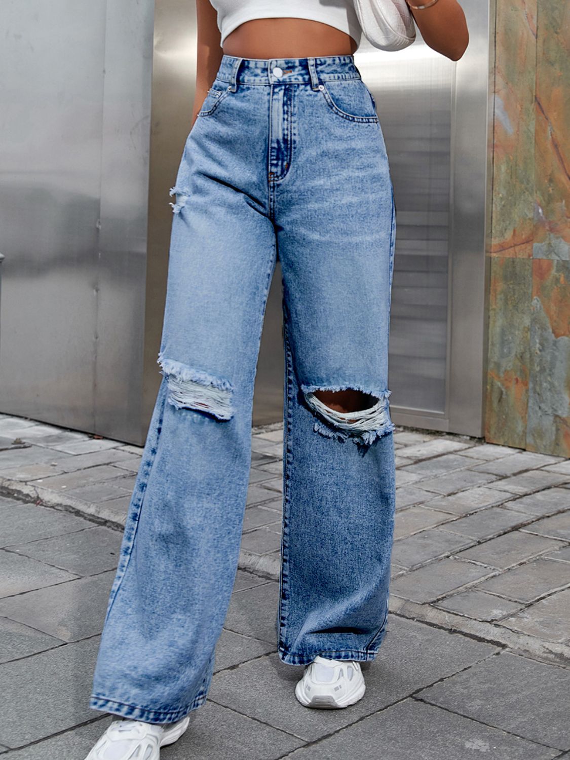 Hazel Blues® | Distressed Wide Leg Jeans with Pockets