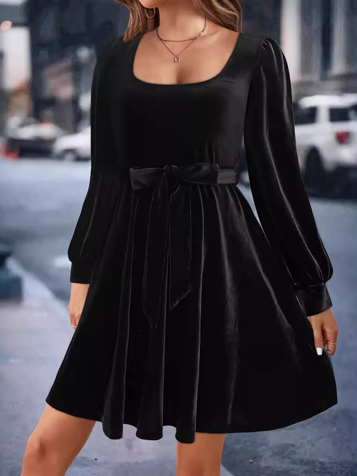 Hazel Blues® | Velvet Long Sleeve A-Line Dress