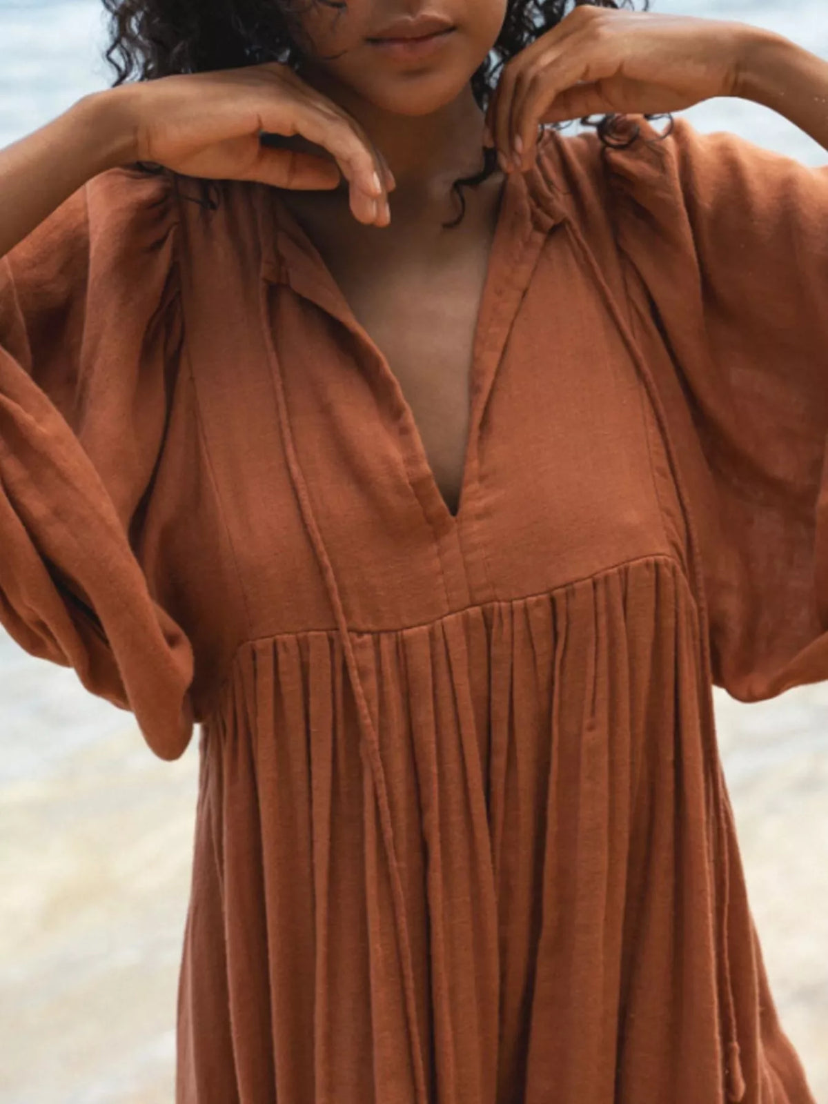 Hazel Blues® | Tie Neck 3/4 Sleeve Midi Dress