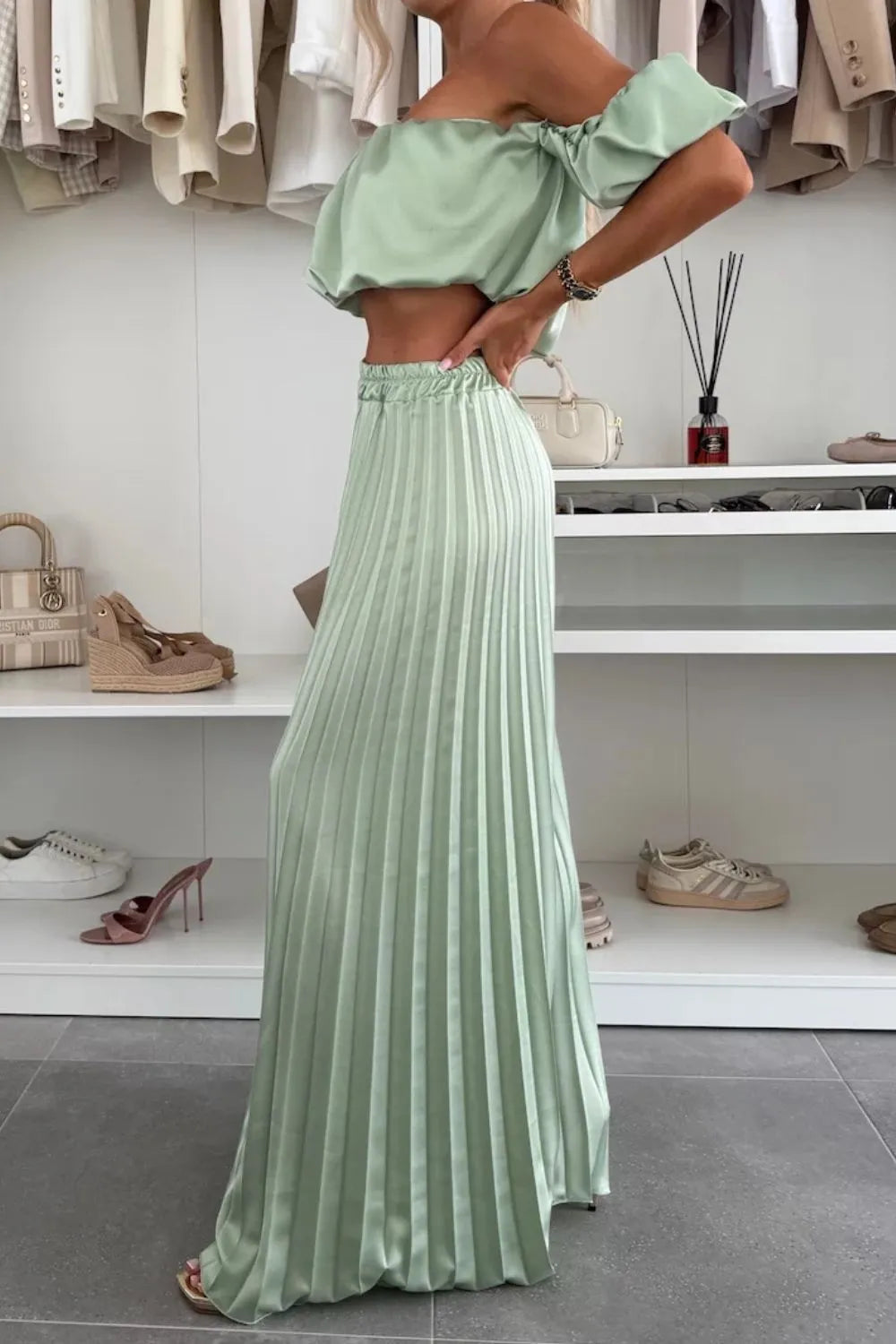 Hazel Blues® | Off-Shoulder Top and Pleated Pants Set