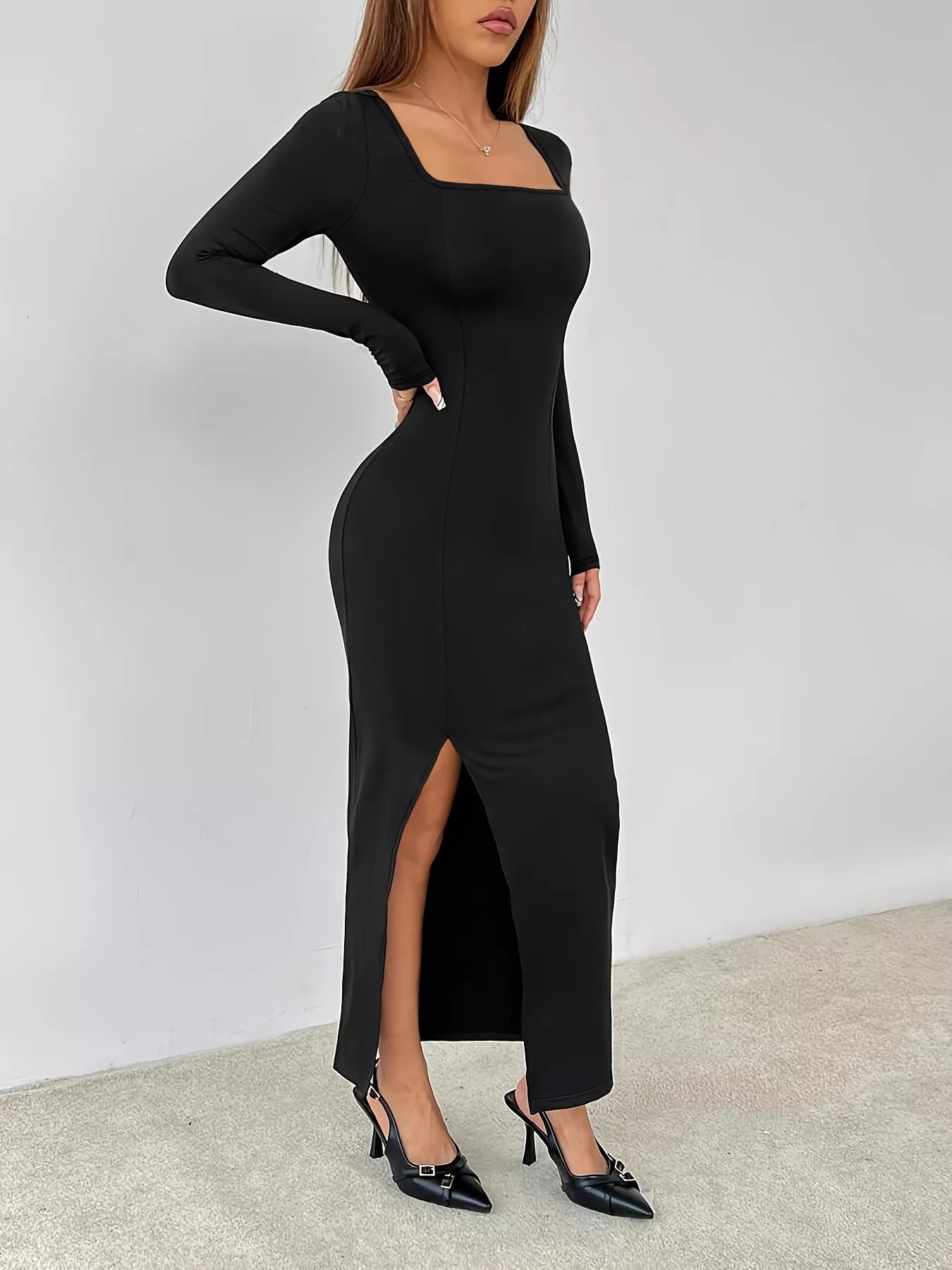 Hazel Blues® | Square Neck Long Sleeve Slit Bodycon Maxi Dress