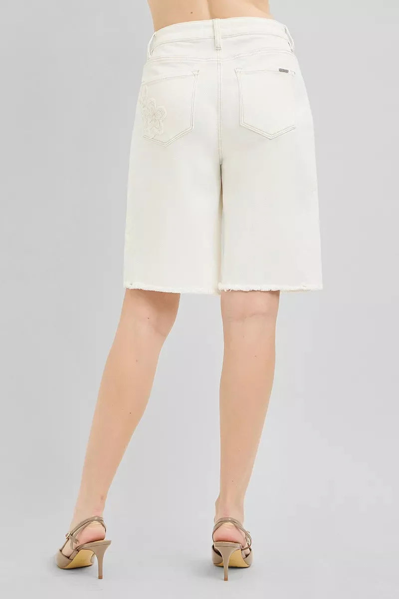 Hazel Blues® | RISEN Slouchy Relaxed Floral Embroidered Bermuda Denim Shorts