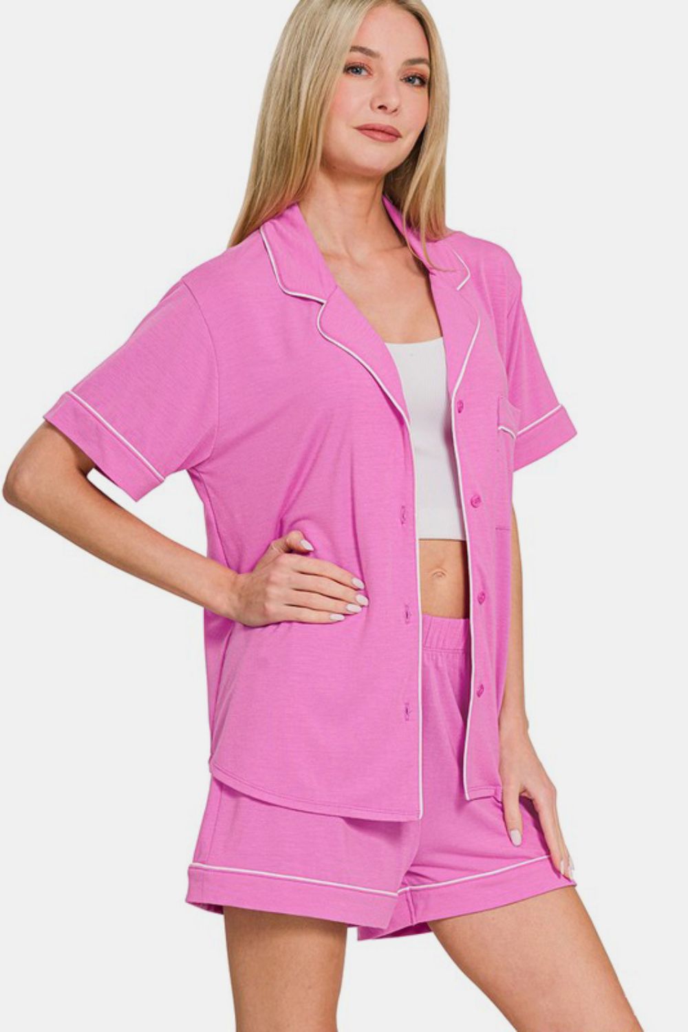 Hazel Blues® | Zenana Button Down Short Sleeve Top and Shorts Lounge Set