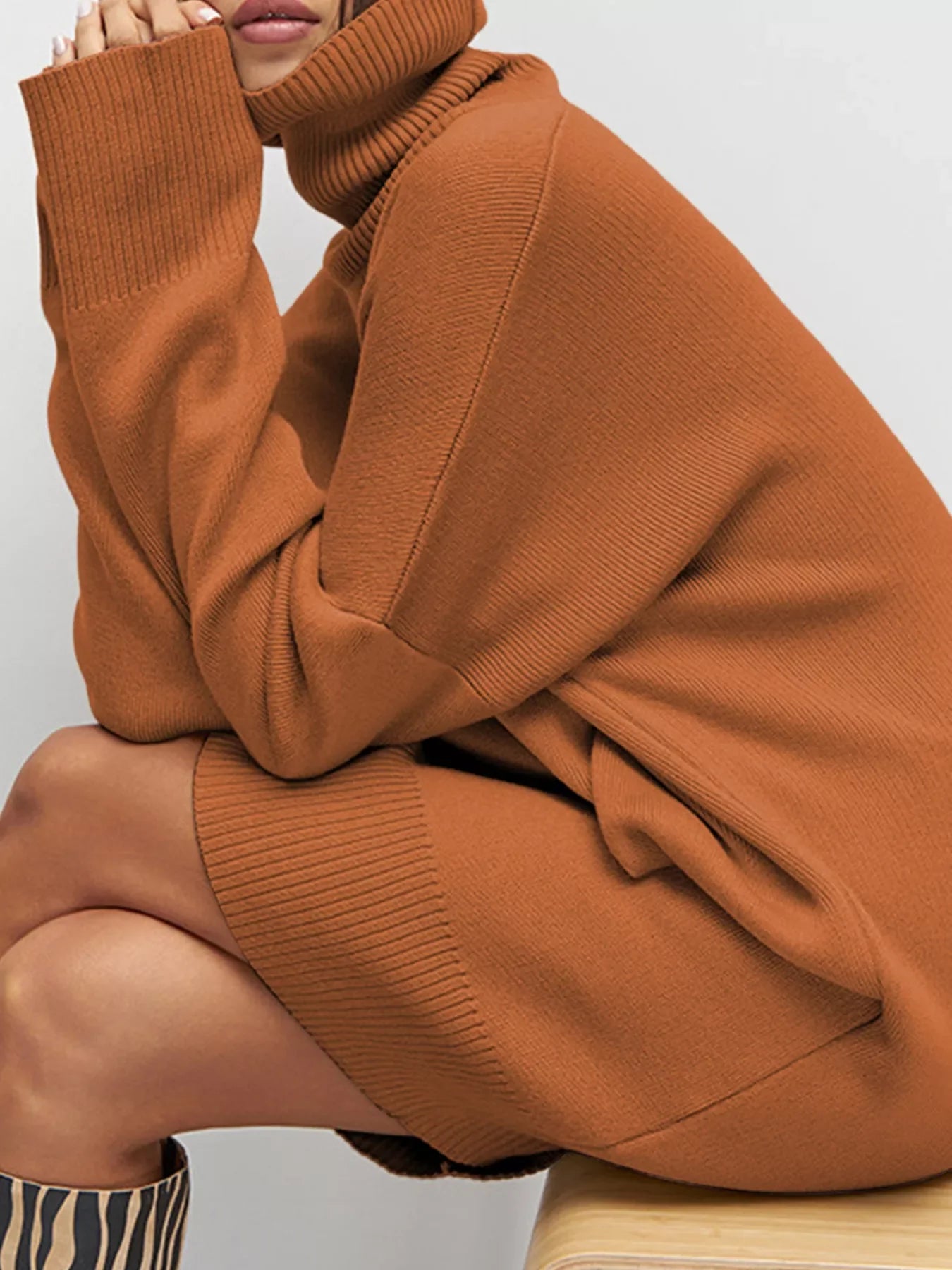 Hazel Blues® | Solid Color Turtleneck Drop Shoulder Loose Sweater Dress